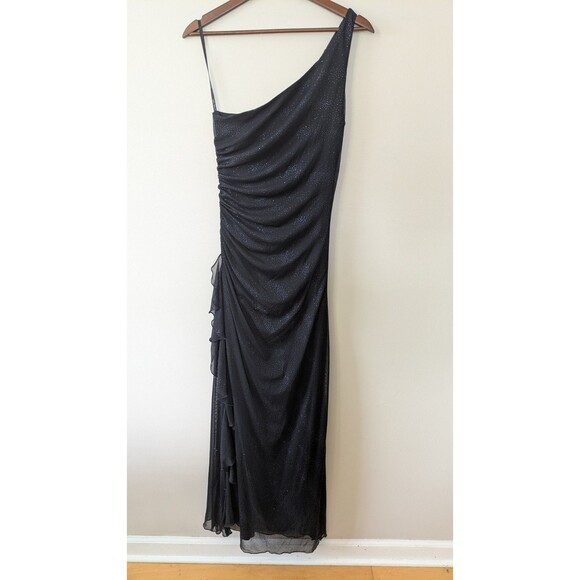 Vtg Y2K City Triangles Maxi Dress M Prom Gown Fairy Grunge Navy Sparkly Ruched